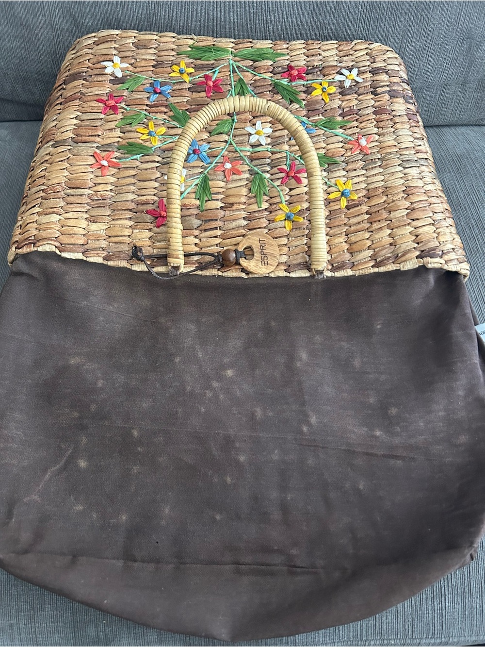 Esprit de Corp Vintage 80s Floral Embroidered Straw Woven Boho Market Tote Bag - Picture 8 of 10